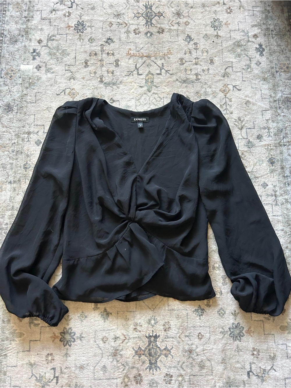 Express Black Twist-Front Puff-Sleeve Blouse